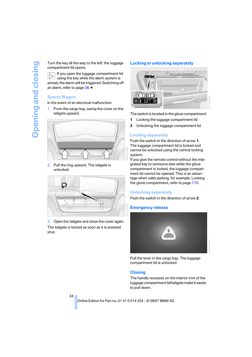 Opening and closing | BMW 328xi Sports Wagon 2008 User Manual | Page 36 / 274