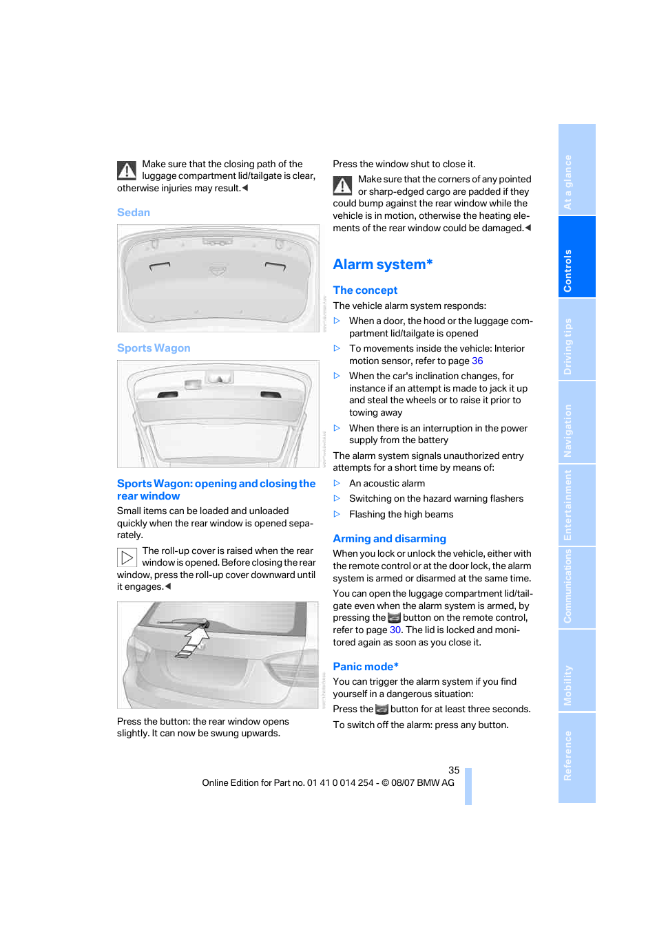 Alarm system | BMW 328xi Sports Wagon 2008 User Manual | Page 37 / 274