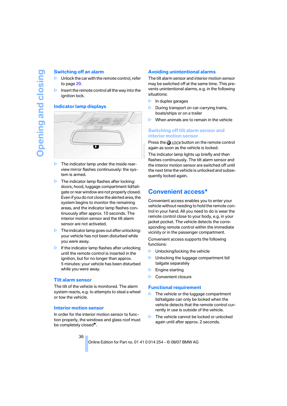 Convenient access, D. switching off an alarm, Interior motion sensor | Opening and closing | BMW 328xi Sports Wagon 2008 User Manual | Page 38 / 274