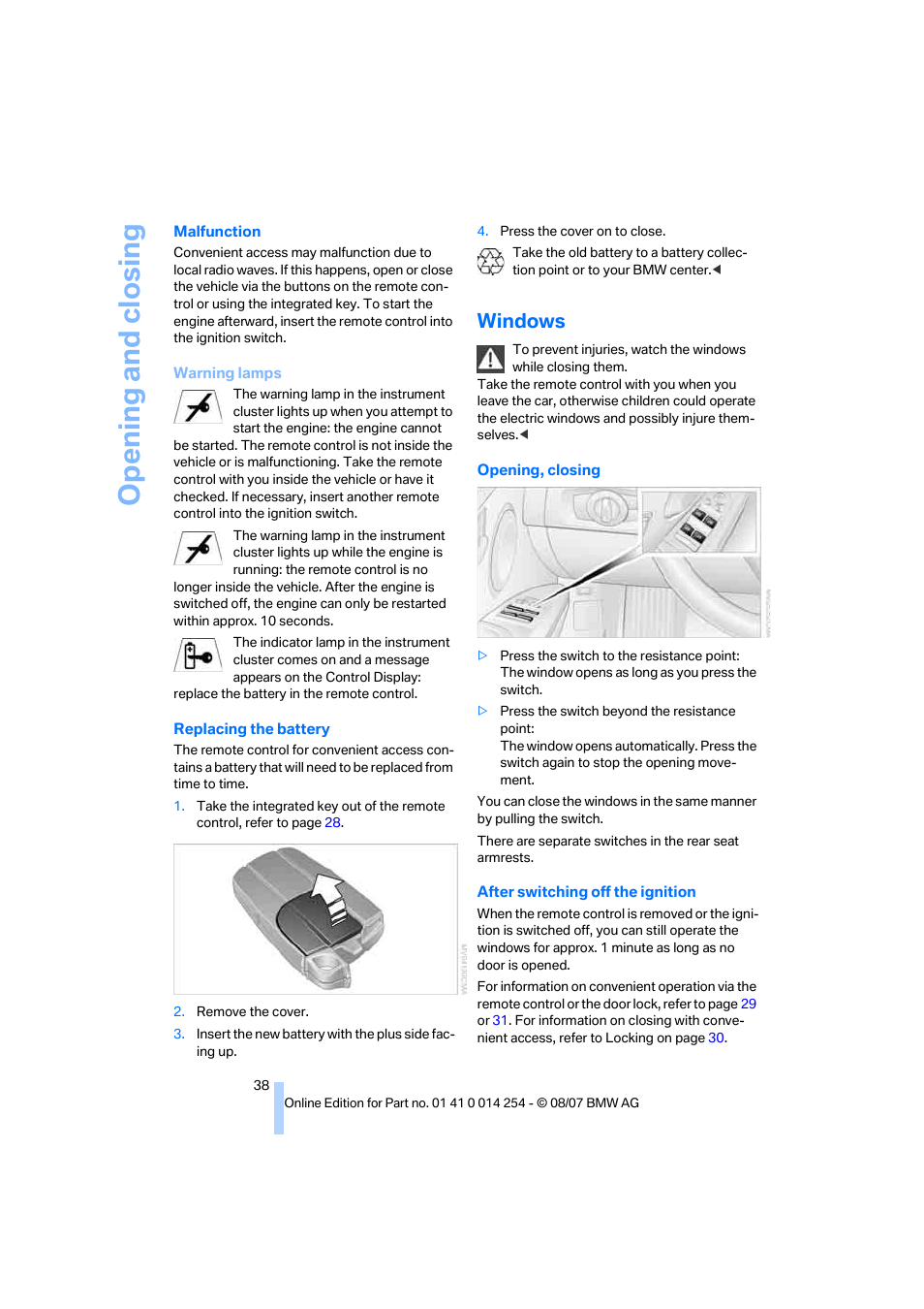 Windows, D clo, Opening and closing | BMW 328xi Sports Wagon 2008 User Manual | Page 40 / 274