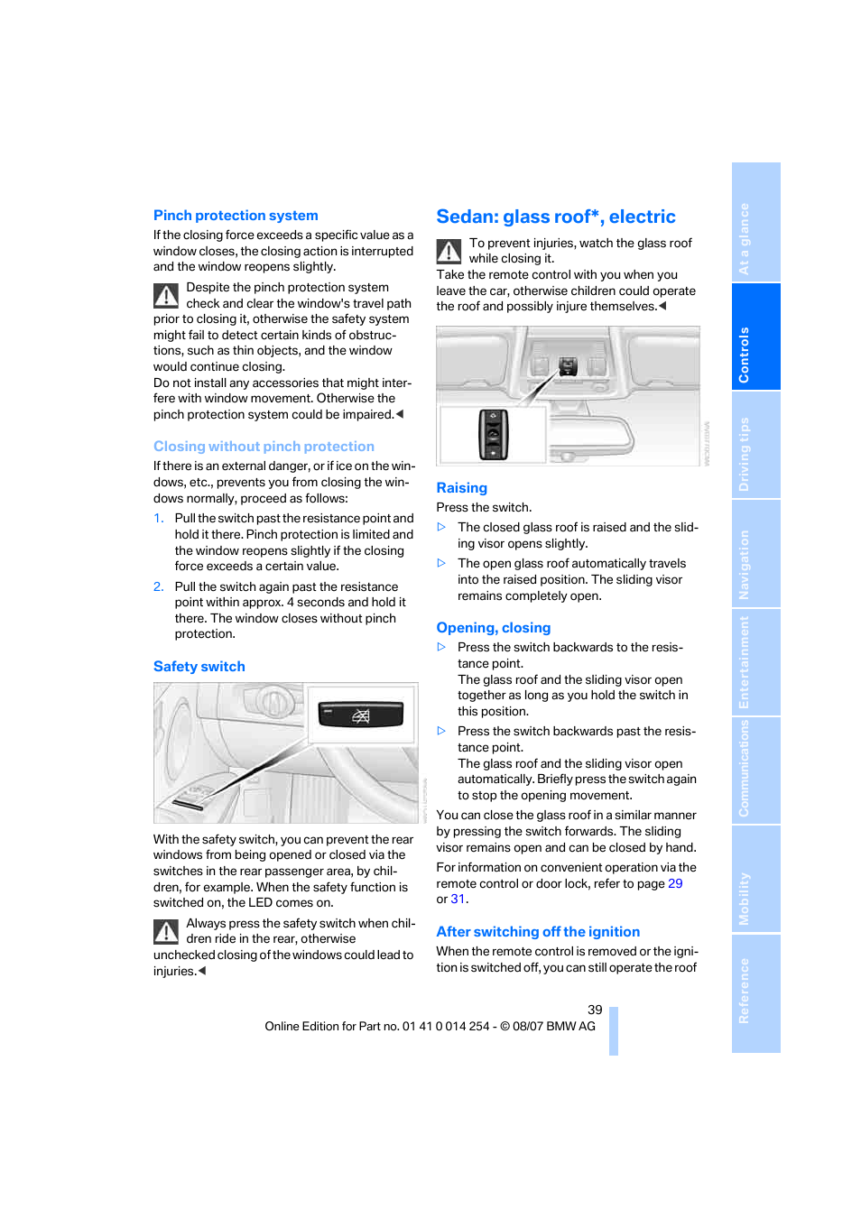 Sedan: glass roof*, electric | BMW 328xi Sports Wagon 2008 User Manual | Page 41 / 274