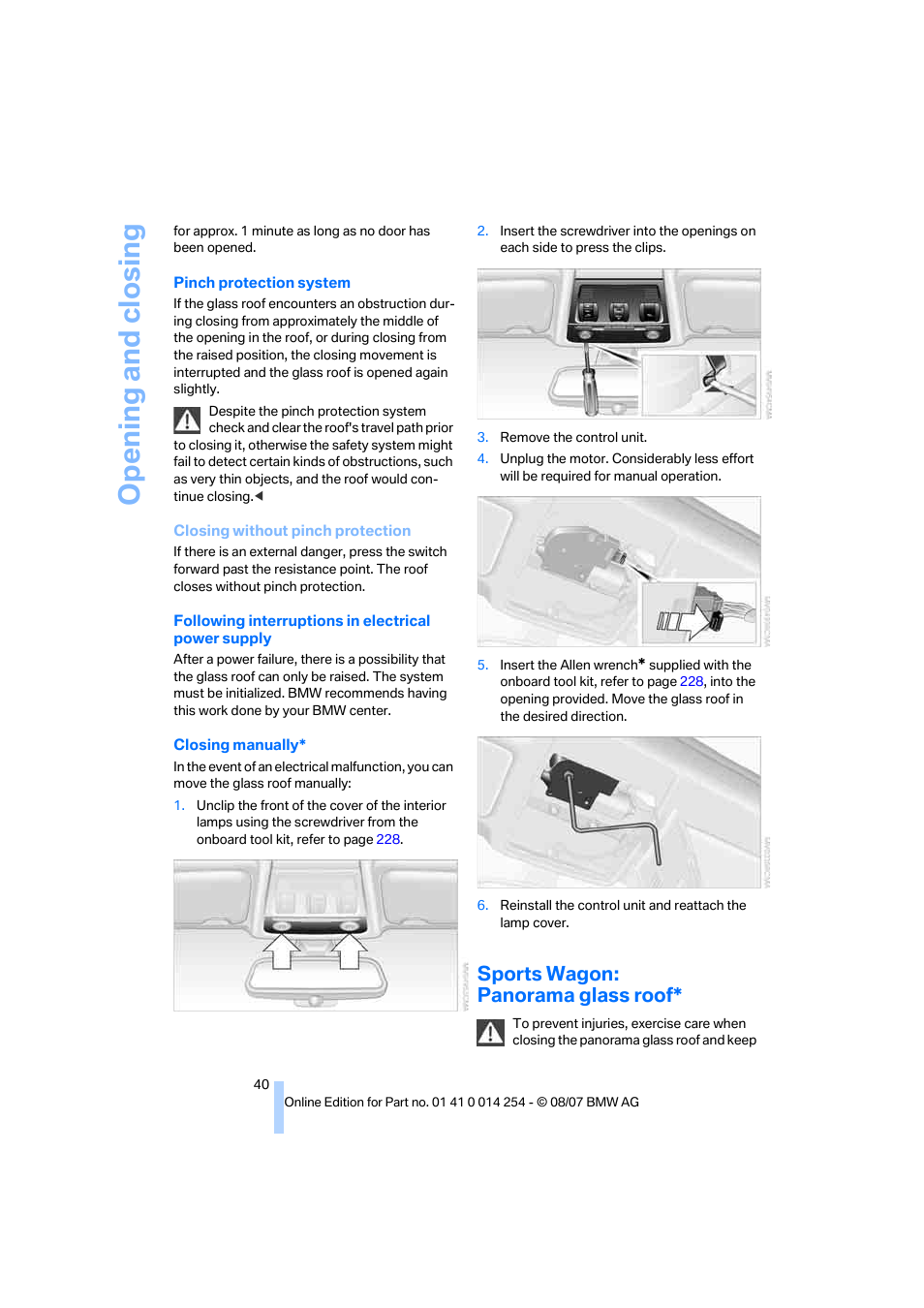 Sports wagon: panorama glass roof, Opening and closing | BMW 328xi Sports Wagon 2008 User Manual | Page 42 / 274