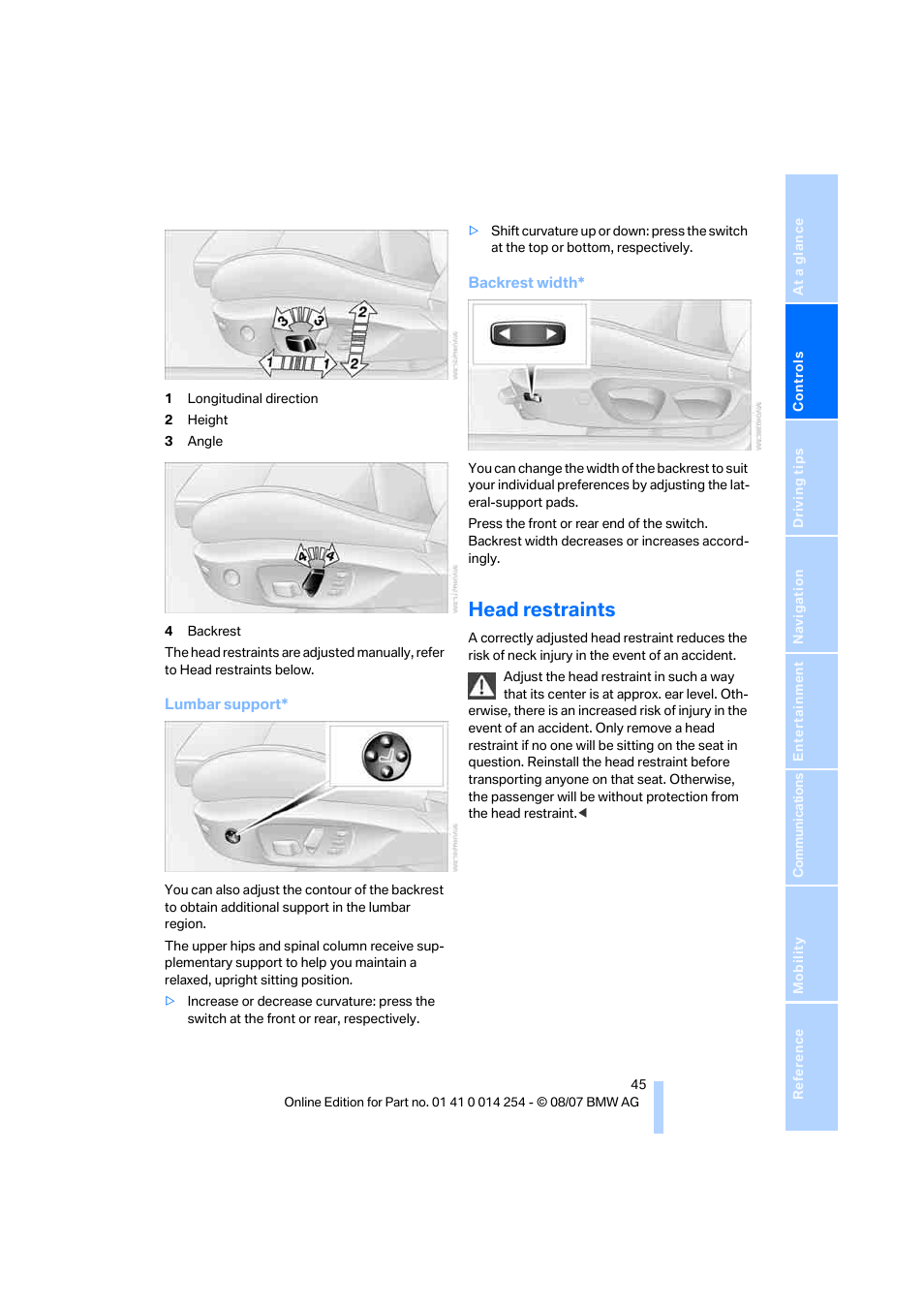 Head restraints | BMW 328xi Sports Wagon 2008 User Manual | Page 47 / 274