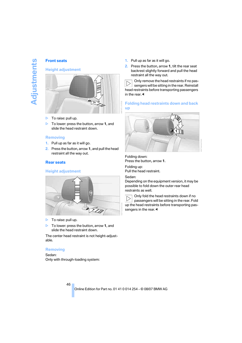 Adju stmen ts | BMW 328xi Sports Wagon 2008 User Manual | Page 48 / 274