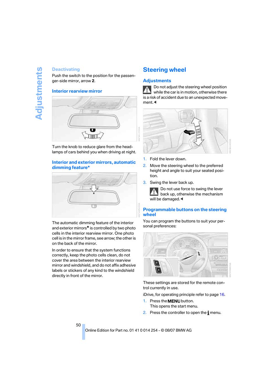Steering wheel, Wheel, Adju stmen ts | BMW 328xi Sports Wagon 2008 User Manual | Page 52 / 274