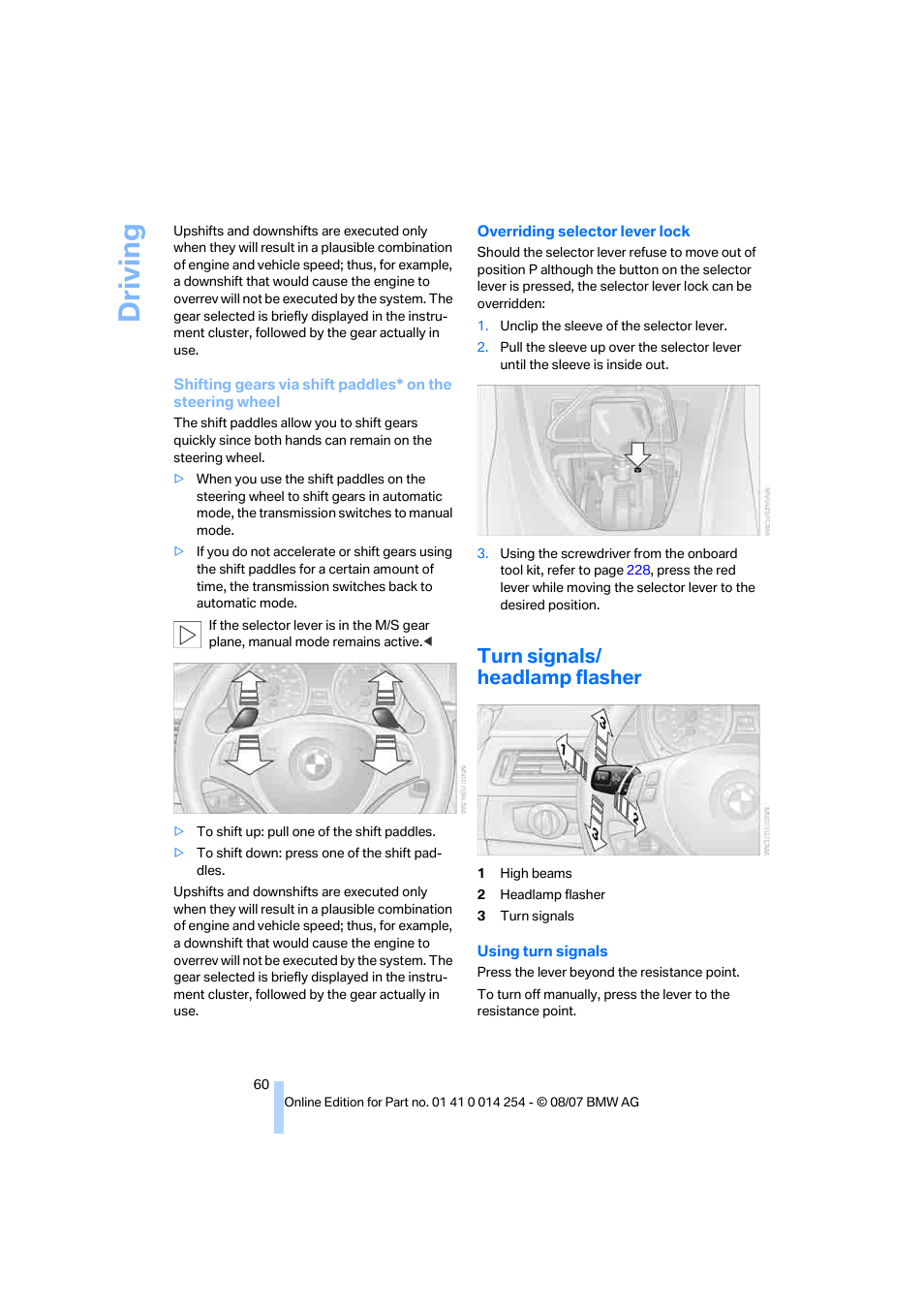 Turn signals/ headlamp flasher, Driving | BMW 328xi Sports Wagon 2008 User Manual | Page 62 / 274