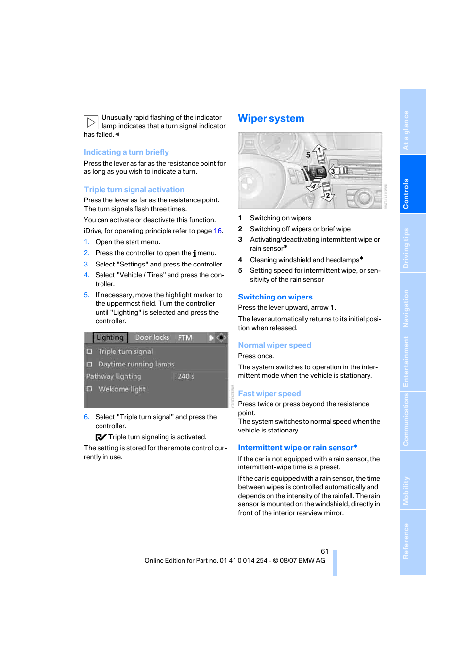 Wiper system | BMW 328xi Sports Wagon 2008 User Manual | Page 63 / 274
