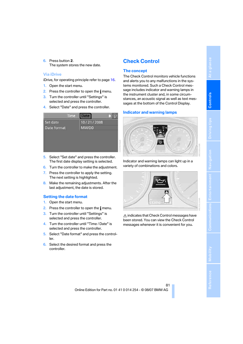 Check control, Setting the date format be | BMW 328xi Sports Wagon 2008 User Manual | Page 83 / 274