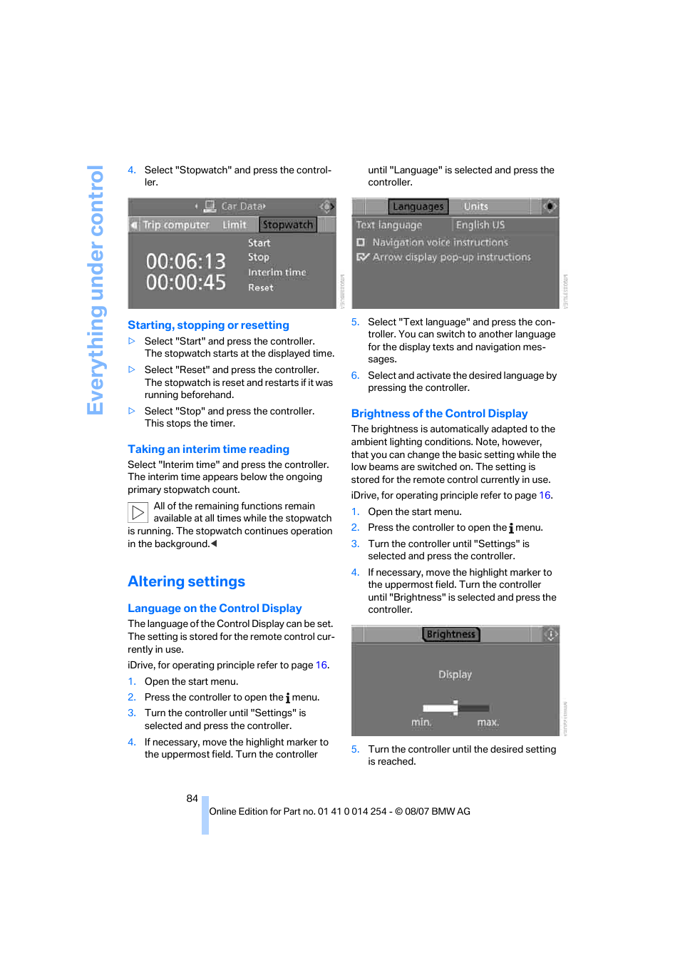 Altering settings, Brightness of the control display, Language on the control display, r | Eve ryth ing un de r co nt rol | BMW 328xi Sports Wagon 2008 User Manual | Page 86 / 274