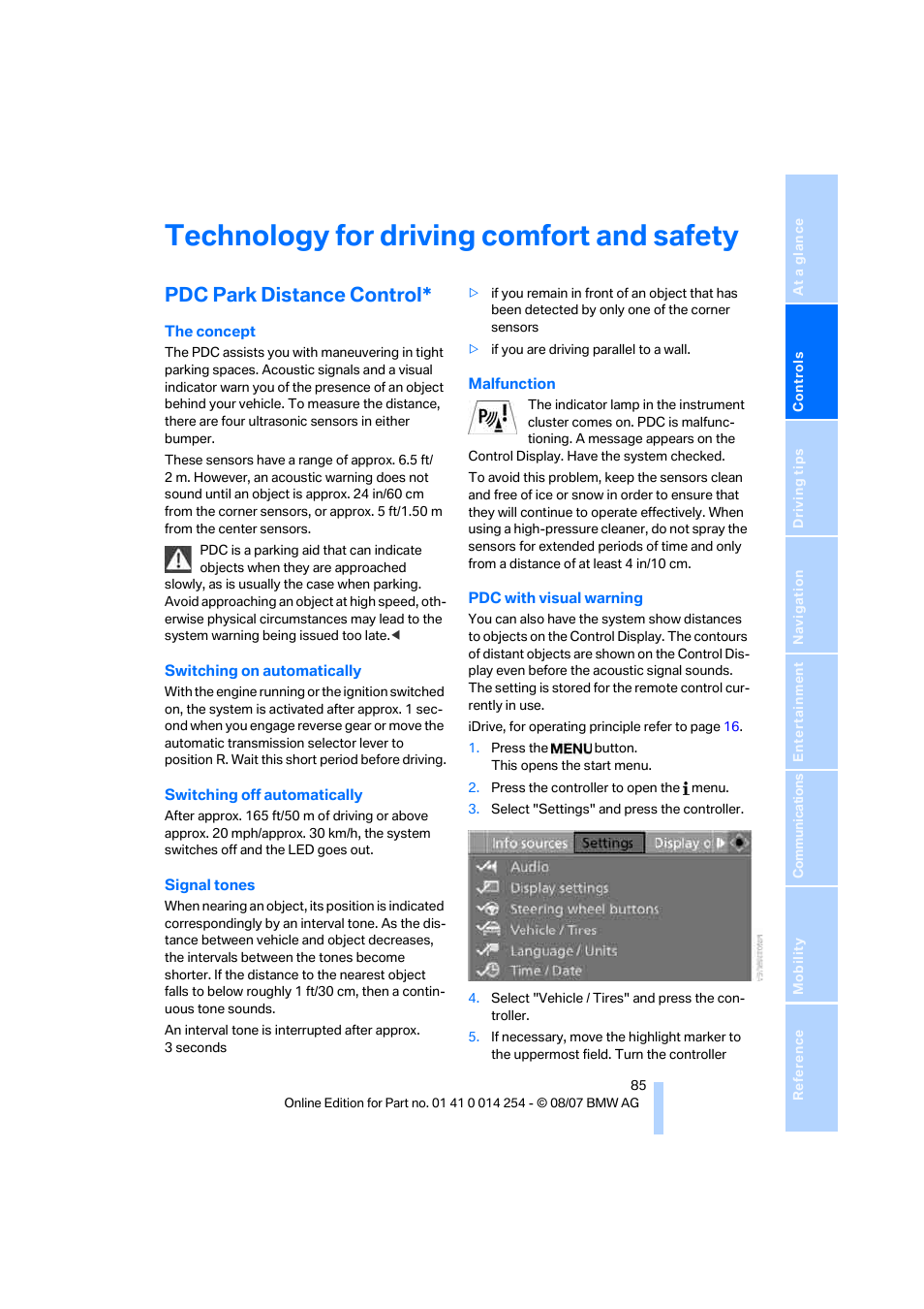 Technology for driving comfort and safety, Pdc park distance control | BMW 328xi Sports Wagon 2008 User Manual | Page 87 / 274