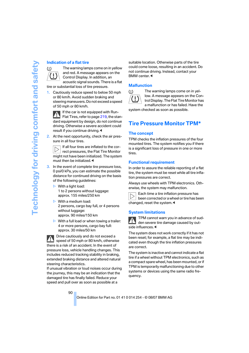 Tire pressure monitor tpm, Te chnology for driving comfort and safe ty | BMW 328xi Sports Wagon 2008 User Manual | Page 92 / 274