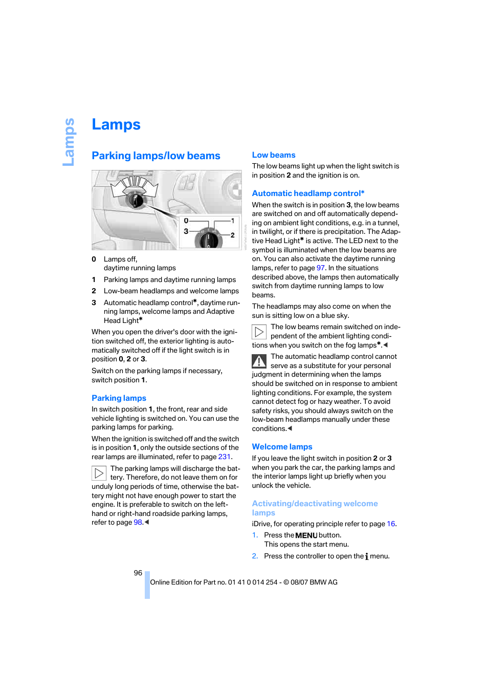 Lamps, Parking lamps/low beams, La mp s | BMW 328xi Sports Wagon 2008 User Manual | Page 98 / 274