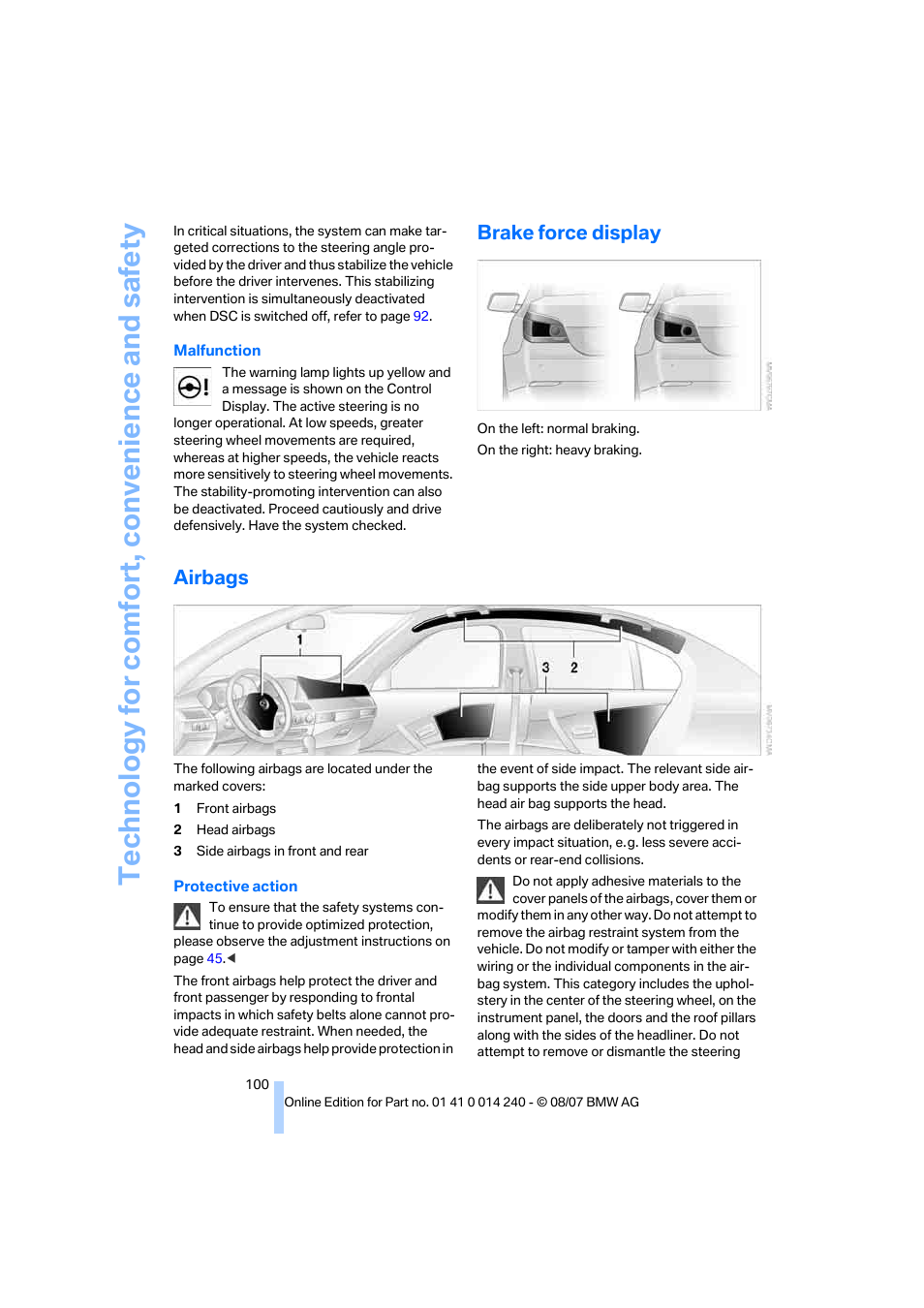 Brake force display, Airbags | BMW 550i Sedan 2008 User Manual | Page 102 / 288