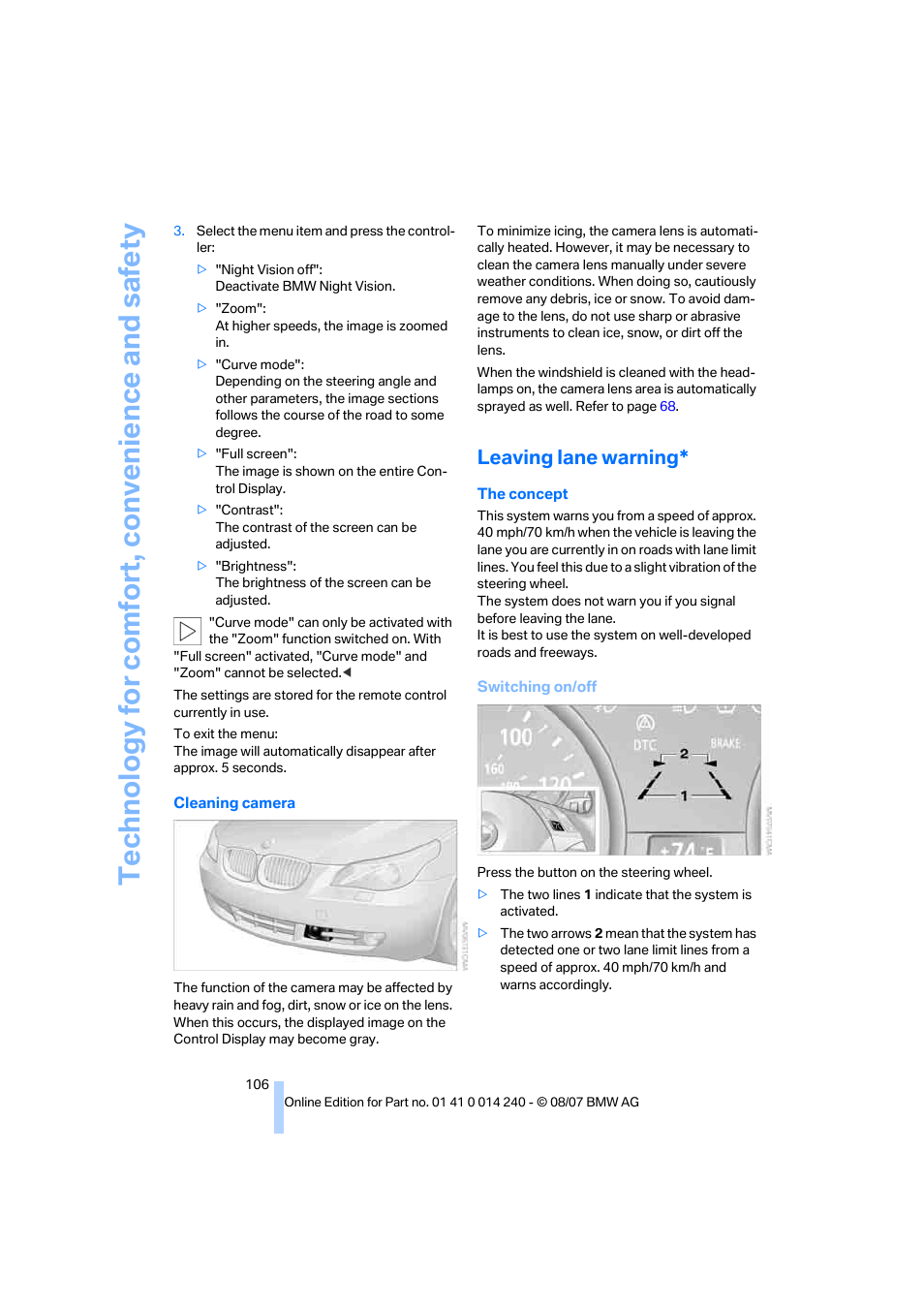 Leaving lane warning | BMW 550i Sedan 2008 User Manual | Page 108 / 288