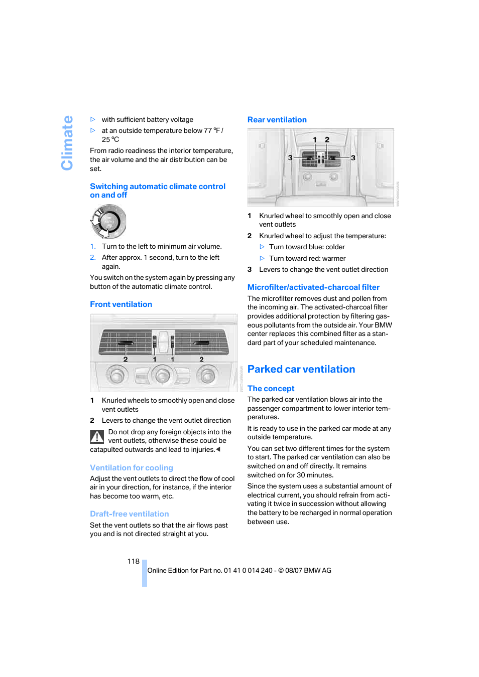 Parked car ventilation, Climate | BMW 550i Sedan 2008 User Manual | Page 120 / 288