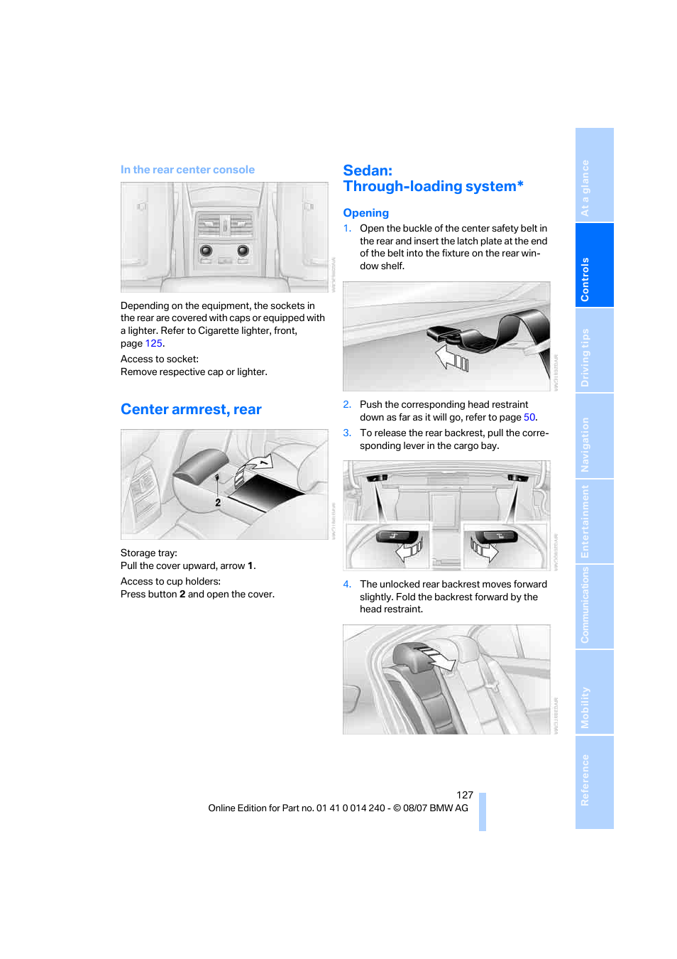 Center armrest, rear, Sedan: through-loading system | BMW 550i Sedan 2008 User Manual | Page 129 / 288