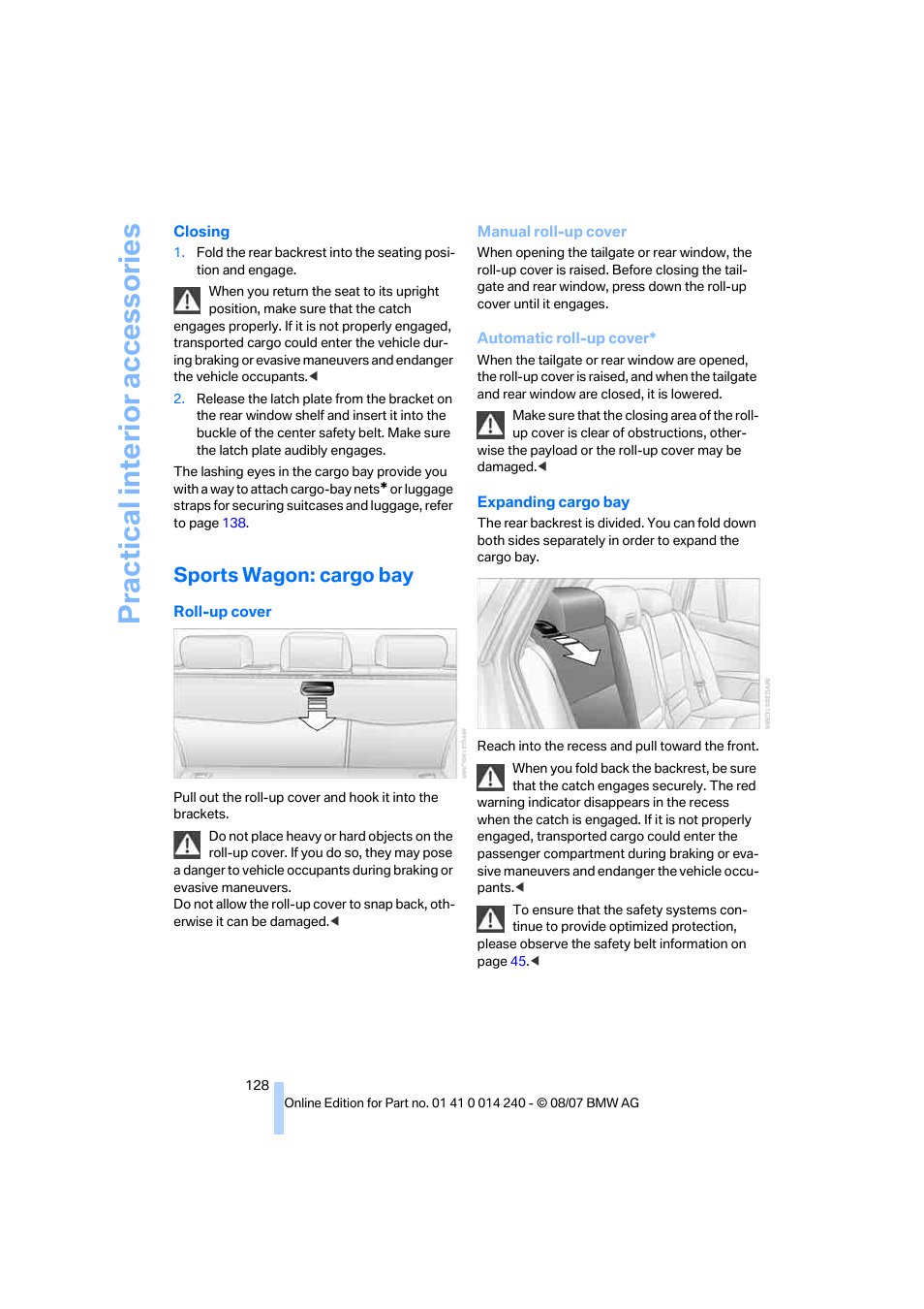 Sports wagon: cargo bay, Practical interi or acc ess orie s | BMW 550i Sedan 2008 User Manual | Page 130 / 288
