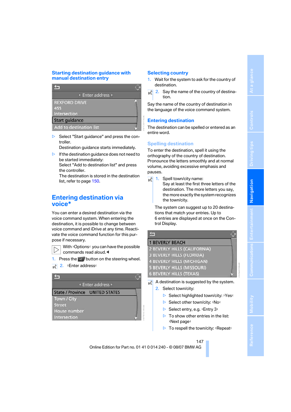 Entering destination via voice | BMW 550i Sedan 2008 User Manual | Page 149 / 288