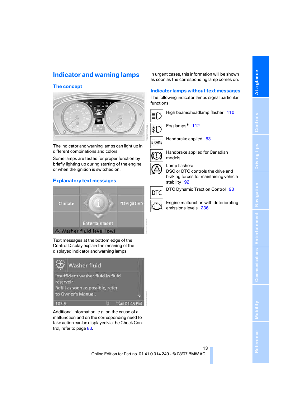 Indicator and warning lamps | BMW 550i Sedan 2008 User Manual | Page 15 / 288