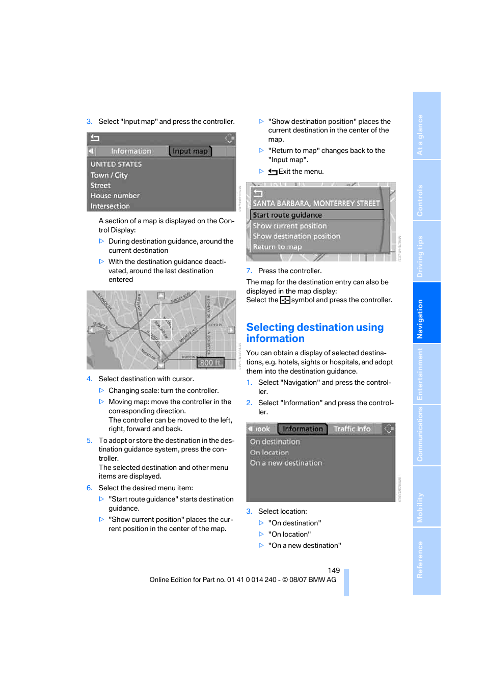 Selecting destination using information | BMW 550i Sedan 2008 User Manual | Page 151 / 288