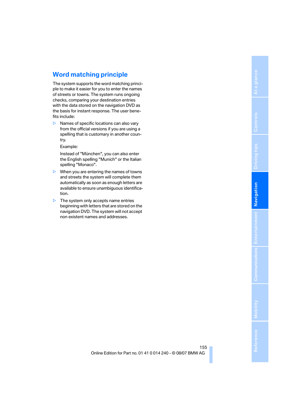 Word matching principle | BMW 550i Sedan 2008 User Manual | Page 157 / 288