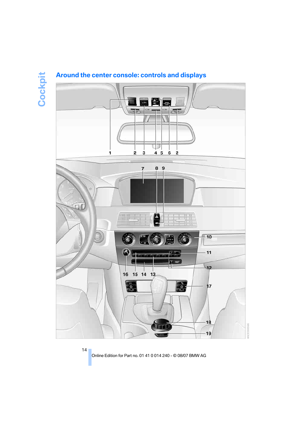 Around the center console: controls and displays, Cockpit | BMW 550i Sedan 2008 User Manual | Page 16 / 288