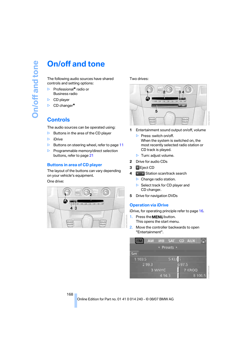 On/off and tone, Controls | BMW 550i Sedan 2008 User Manual | Page 170 / 288