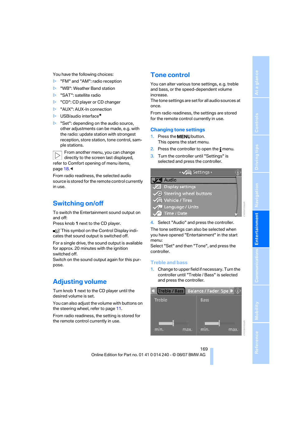 Switching on/off, Adjusting volume, Tone control | BMW 550i Sedan 2008 User Manual | Page 171 / 288