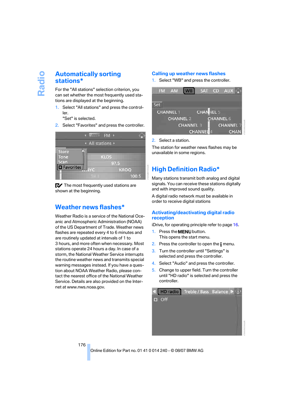 Automatically sorting stations, Weather news flashes, High definition radio | Ra di o | BMW 550i Sedan 2008 User Manual | Page 178 / 288