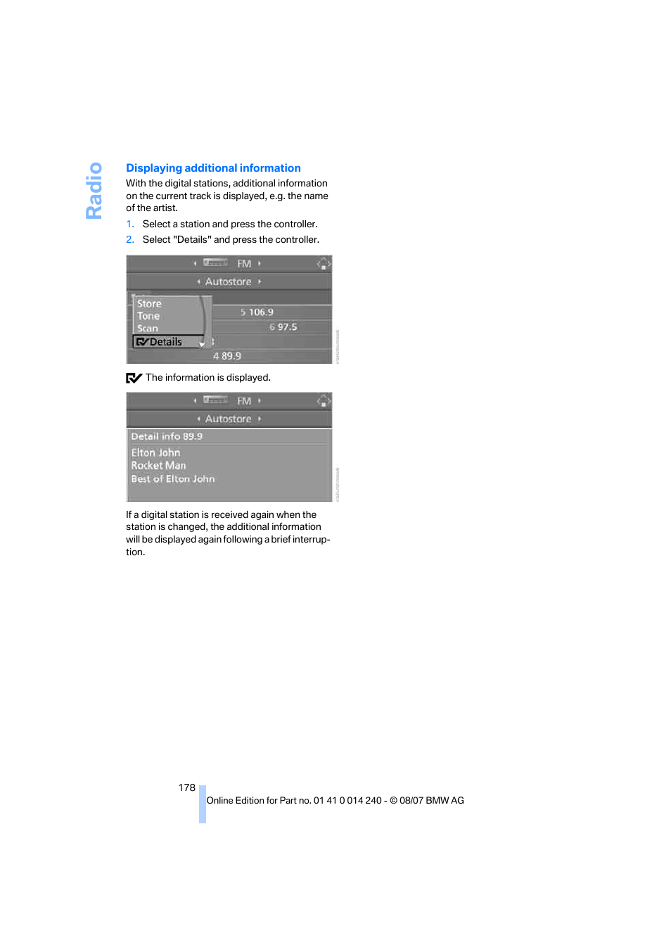 Ra di o | BMW 550i Sedan 2008 User Manual | Page 180 / 288