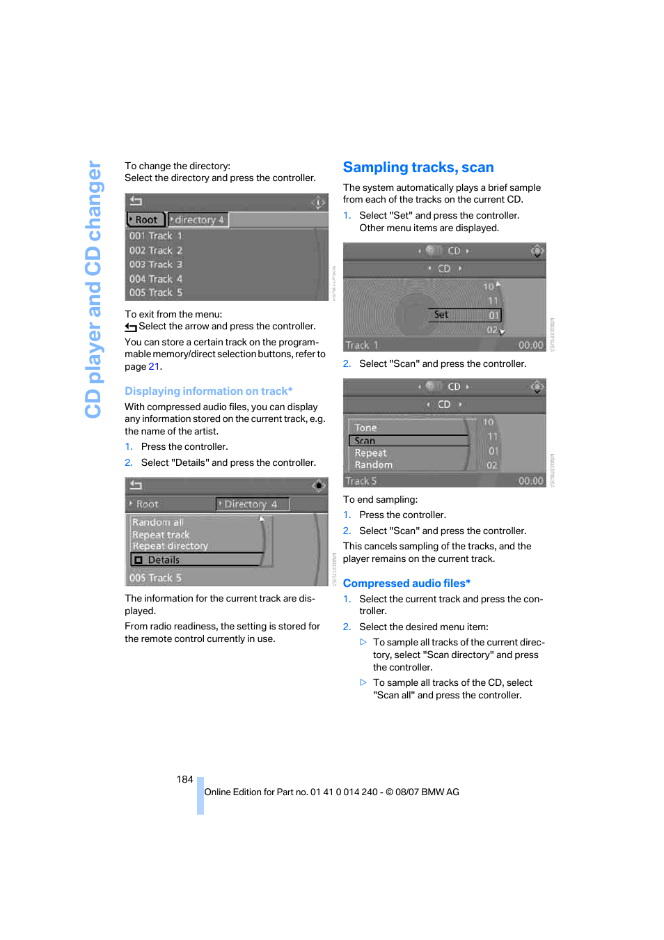 Sampling tracks, scan, Cd player and cd changer | BMW 550i Sedan 2008 User Manual | Page 186 / 288