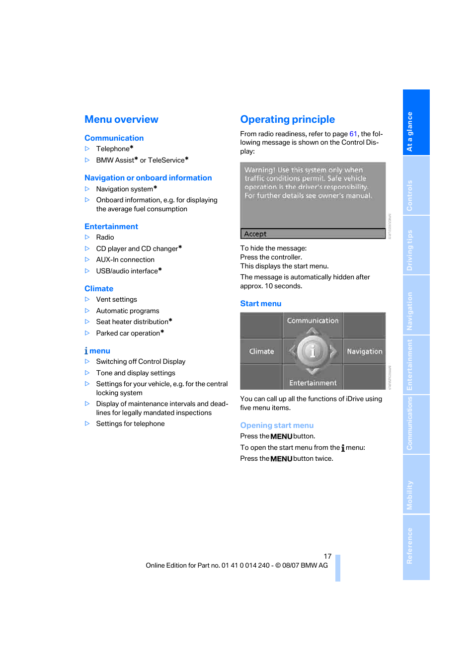 Menu overview, Operating principle | BMW 550i Sedan 2008 User Manual | Page 19 / 288