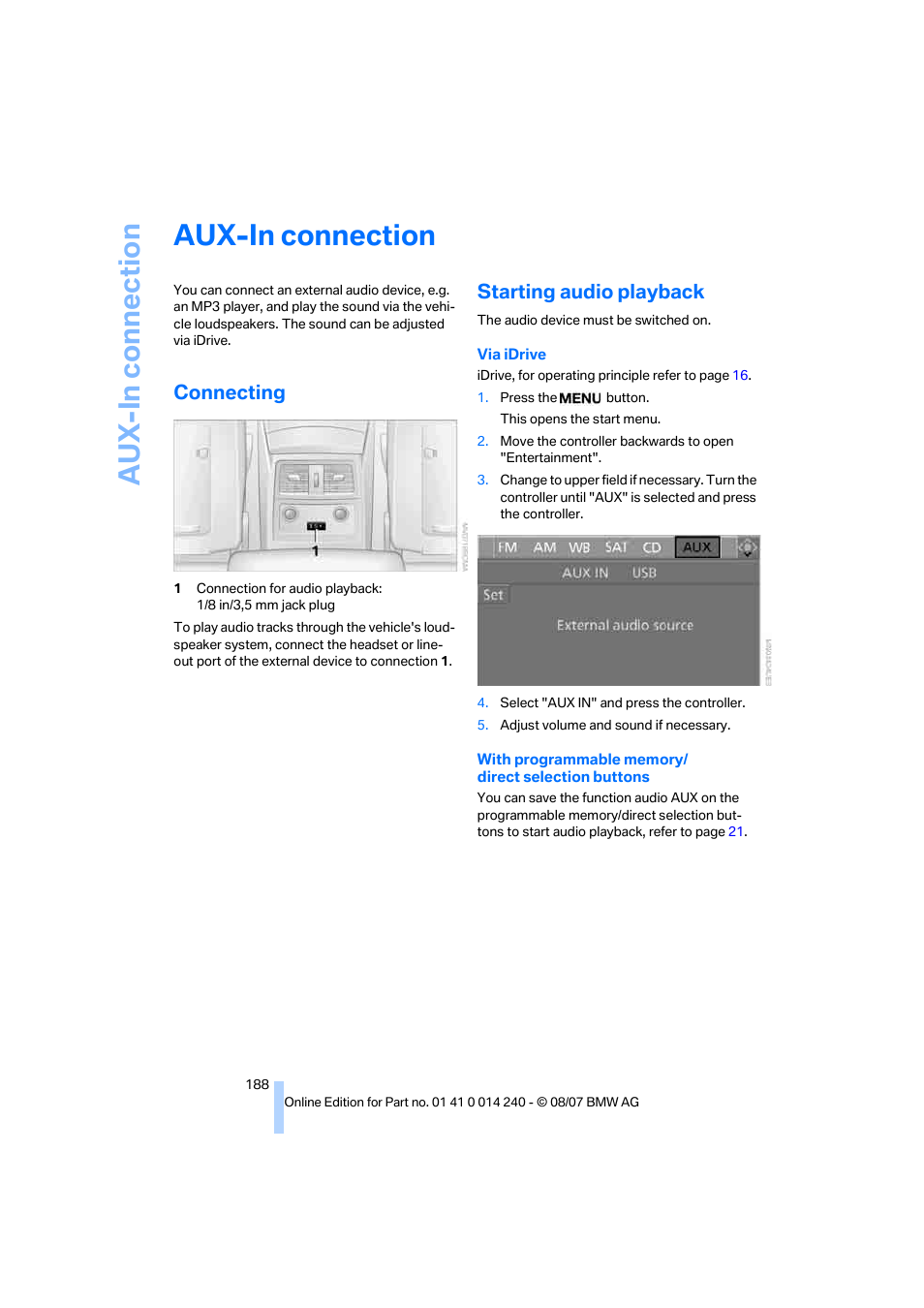 Aux-in connection, Connecting, Starting audio playback | Aux-in con n ec tion | BMW 550i Sedan 2008 User Manual | Page 190 / 288