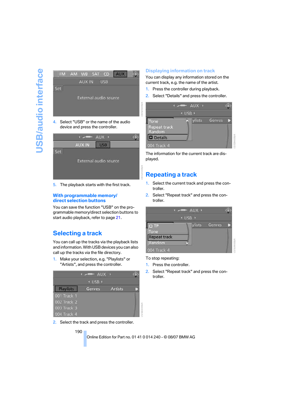 Selecting a track, Repeating a track, Us b/audio interf ace | BMW 550i Sedan 2008 User Manual | Page 192 / 288