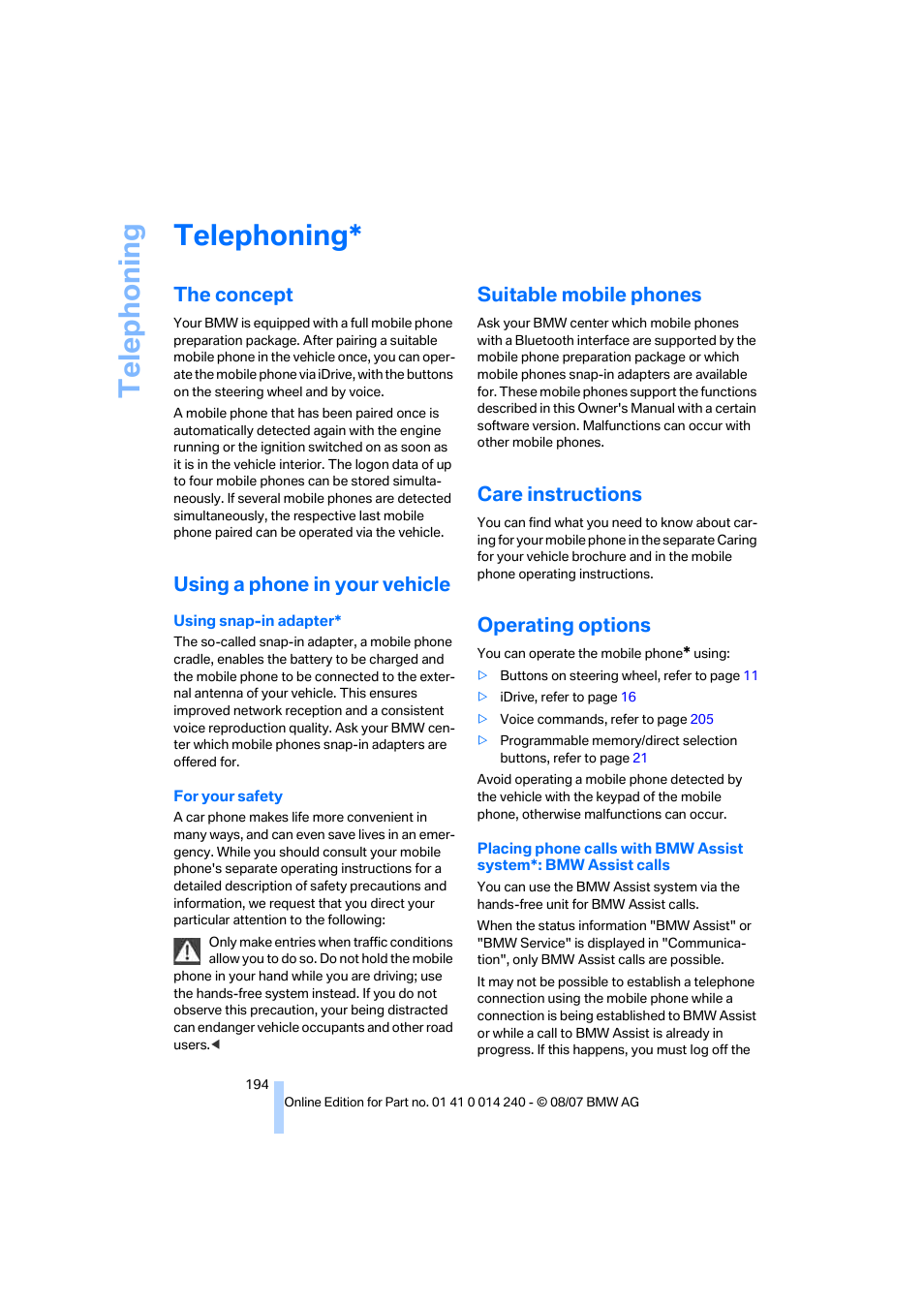 Telephoning, The concept, Using a phone in your vehicle | Suitable mobile phones, Care instructions, Operating options, Telep h oning | BMW 550i Sedan 2008 User Manual | Page 196 / 288