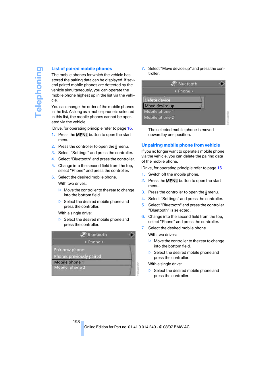 Telep h oning | BMW 550i Sedan 2008 User Manual | Page 200 / 288