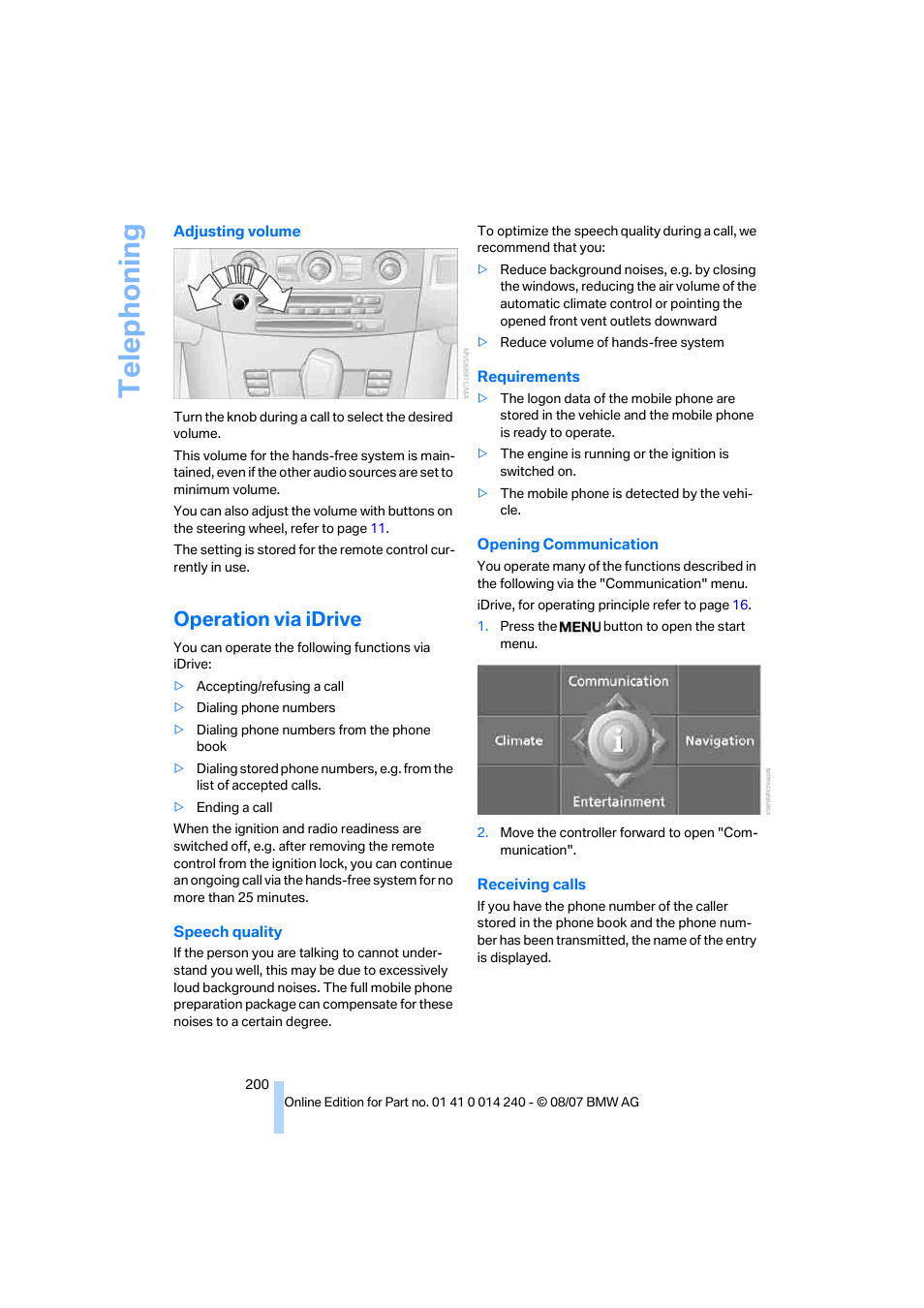 Operation via idrive, Telep h oning | BMW 550i Sedan 2008 User Manual | Page 202 / 288