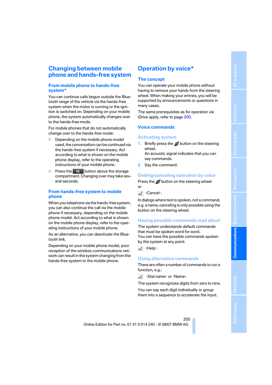 Operation by voice | BMW 550i Sedan 2008 User Manual | Page 207 / 288