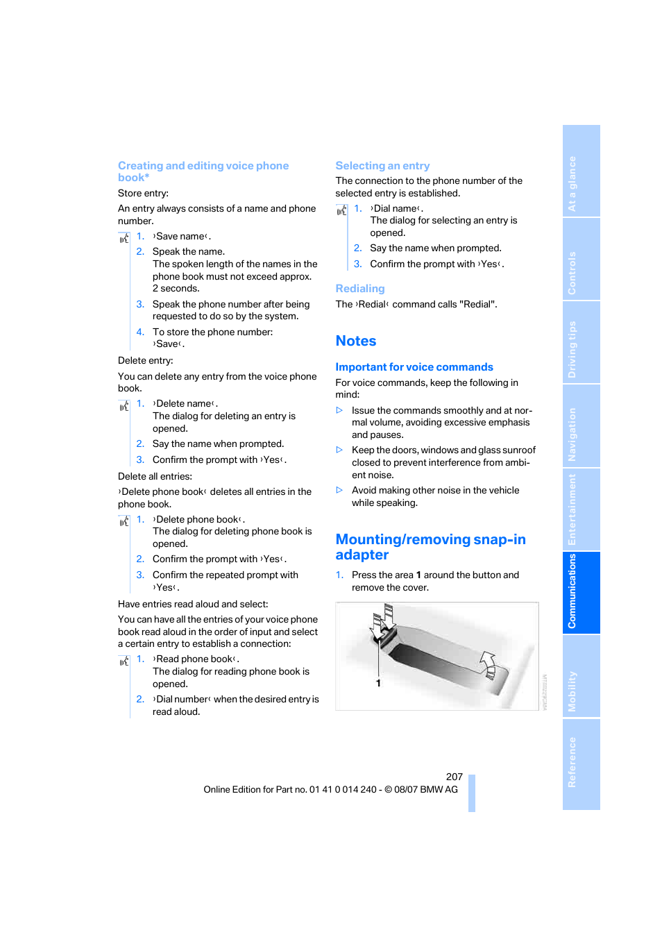 Notes, Mounting/removing snap-in adapter | BMW 550i Sedan 2008 User Manual | Page 209 / 288