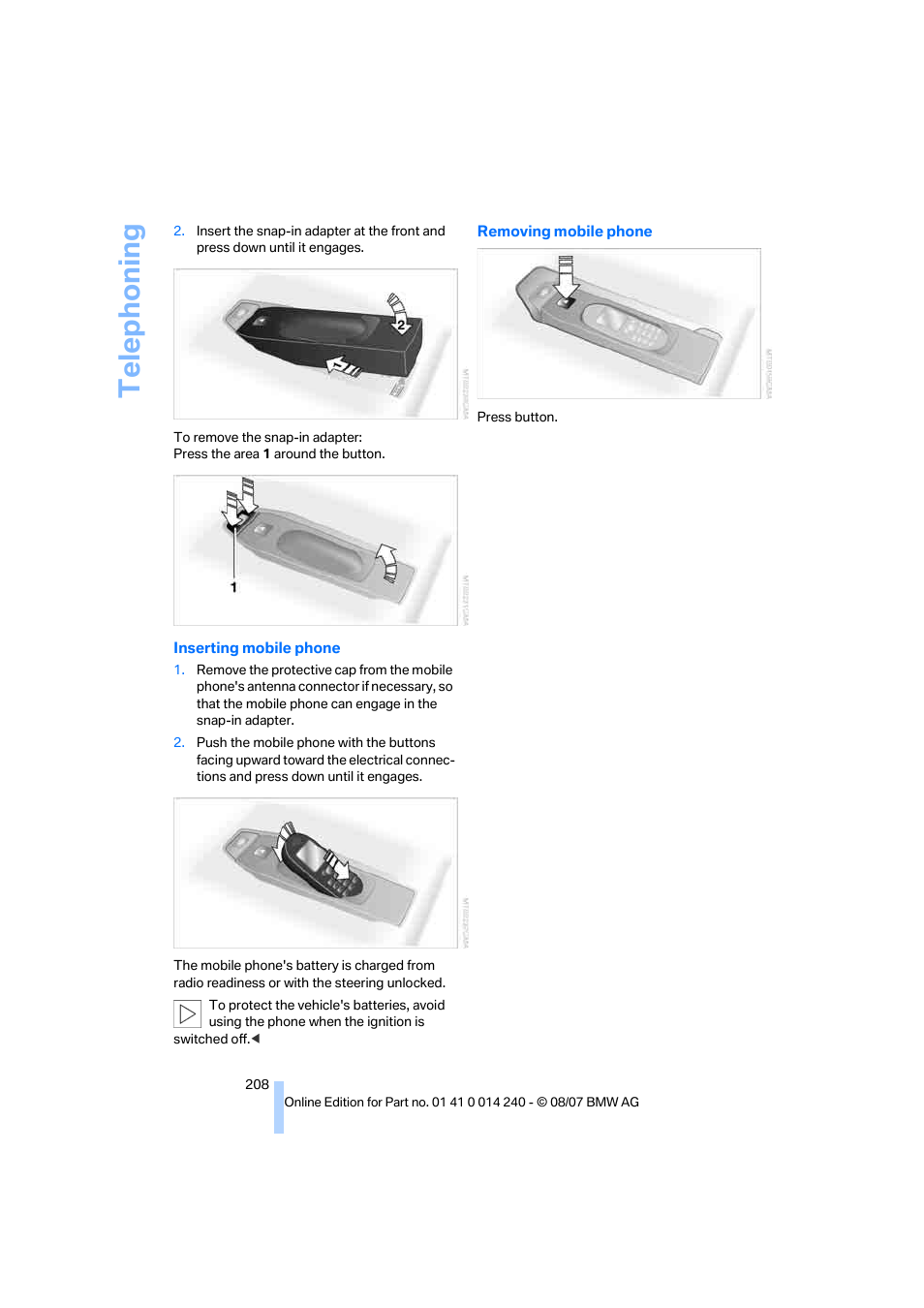 Telep h oning | BMW 550i Sedan 2008 User Manual | Page 210 / 288