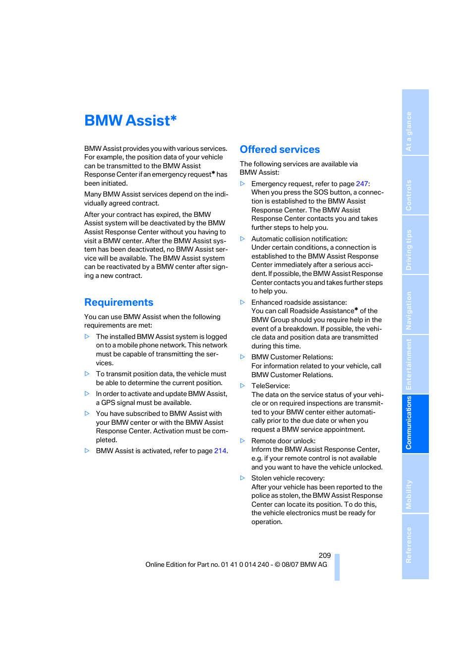 Bmw assist, Requirements, Offered services | BMW 550i Sedan 2008 User Manual | Page 211 / 288