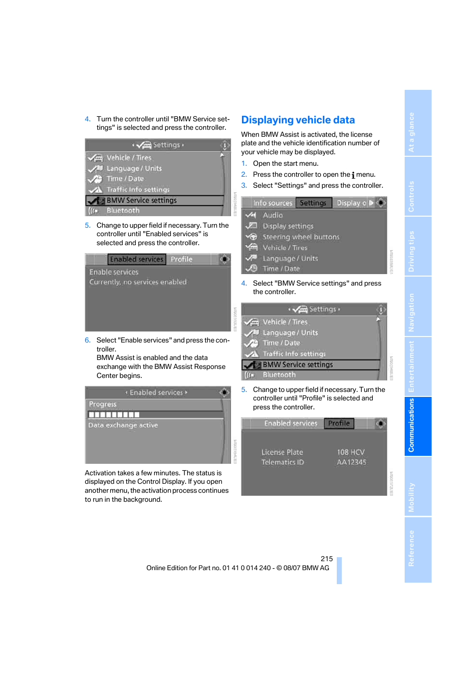 Displaying vehicle data | BMW 550i Sedan 2008 User Manual | Page 217 / 288