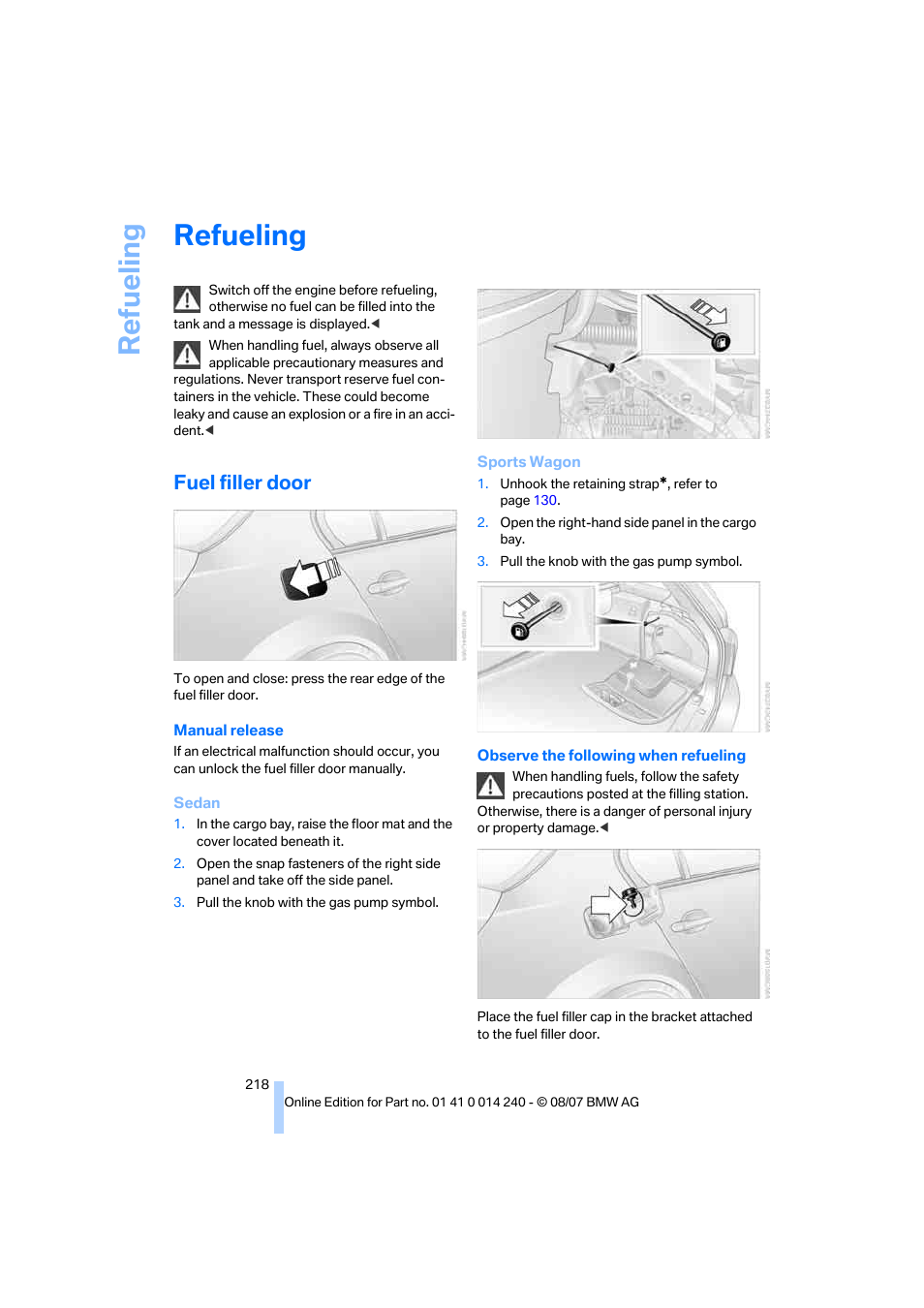 Refueling, Fuel filler door, Lity | Re fueling | BMW 550i Sedan 2008 User Manual | Page 220 / 288