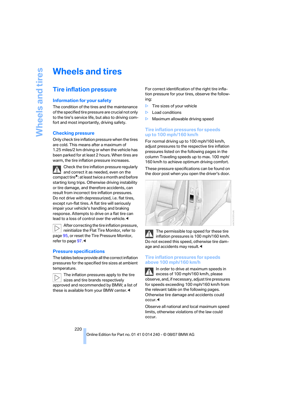 Wheels and tires, Tire inflation pressure, Wh eels and tire s | BMW 550i Sedan 2008 User Manual | Page 222 / 288