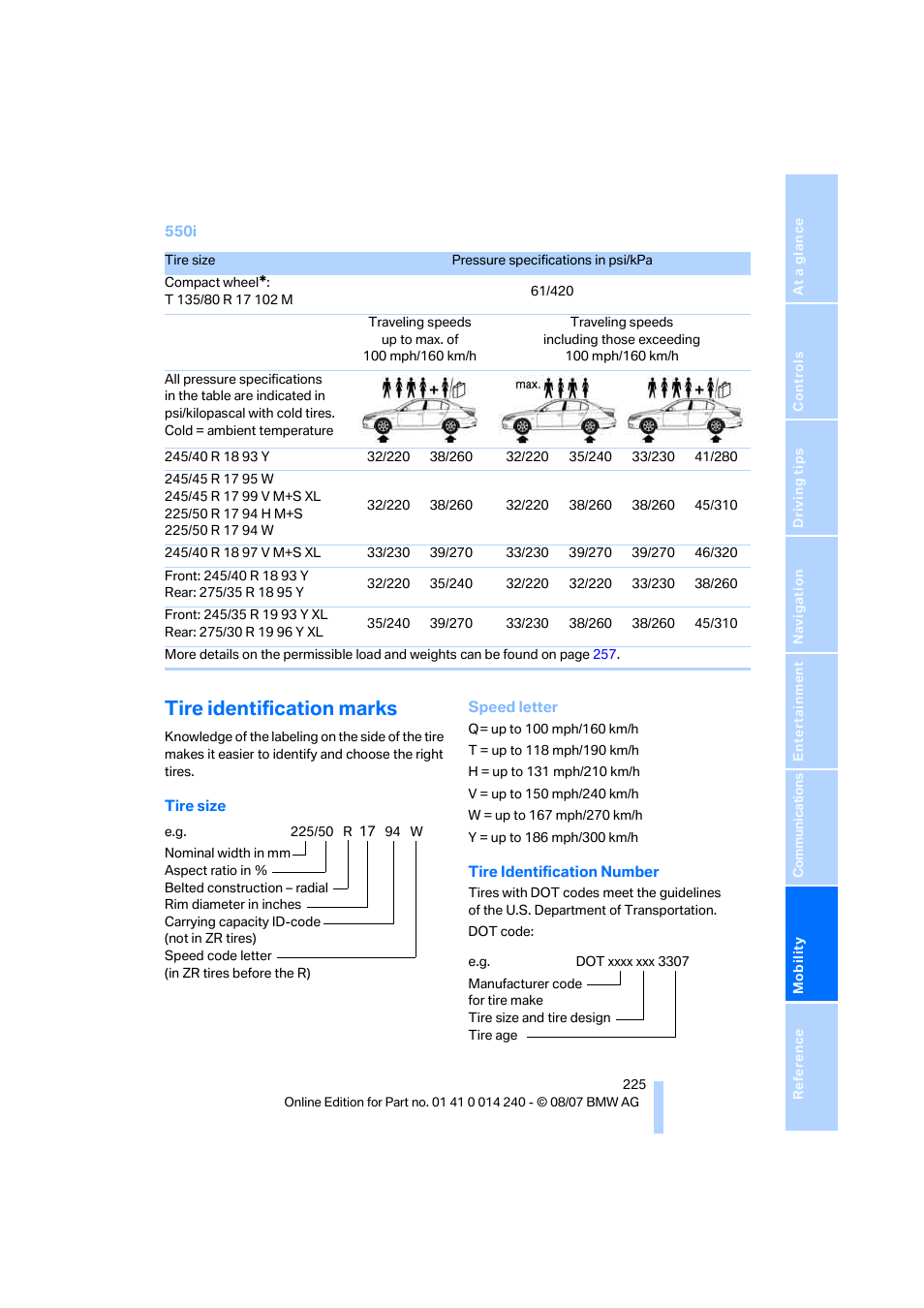Tire identification marks | BMW 550i Sedan 2008 User Manual | Page 227 / 288