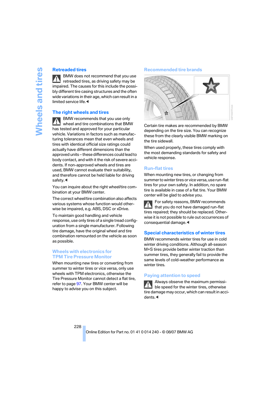 Wh eels and tire s | BMW 550i Sedan 2008 User Manual | Page 230 / 288