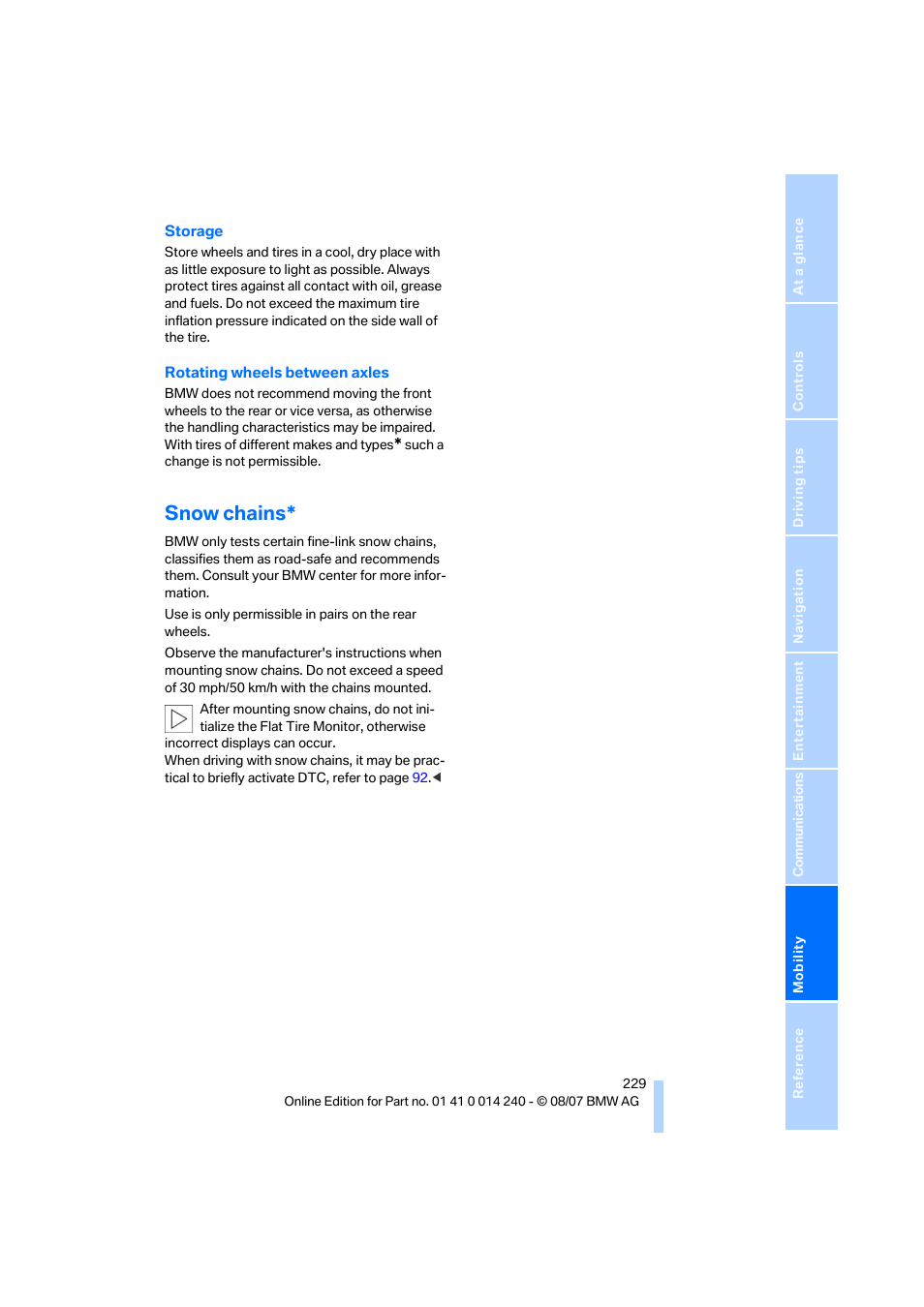 Snow chains | BMW 550i Sedan 2008 User Manual | Page 231 / 288