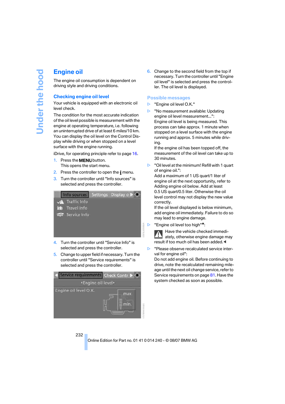 Engine oil | BMW 550i Sedan 2008 User Manual | Page 234 / 288