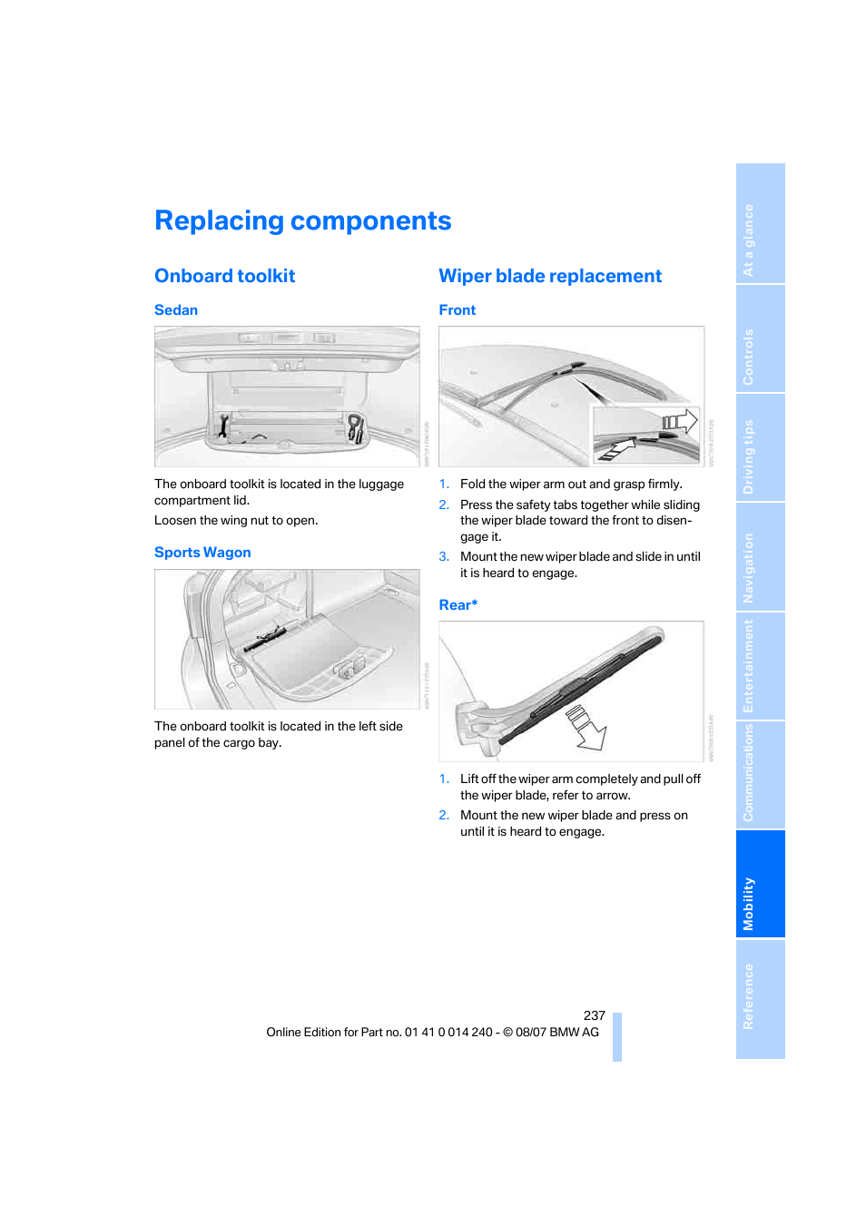 Replacing components, Onboard toolkit, Wiper blade replacement | BMW 550i Sedan 2008 User Manual | Page 239 / 288