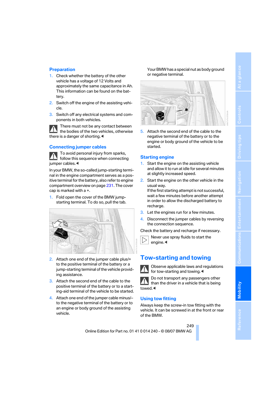 Tow-starting and towing | BMW 550i Sedan 2008 User Manual | Page 251 / 288